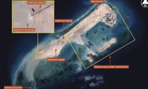 Bãi đá ngầm Đá Thập (Trung quốc gọi là Vĩnh Thữ Tiêu) đang trở thành đảo nhân tạo có cả phi trường, cảng biển cho một căn cứ quân sự cỡ lớn trên biển Đông. (Hình: Jane's Defense)
