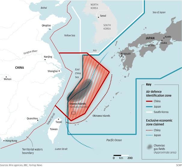 Các vùng nhận diện phòng không trên biển Hoa Đông: đỏ - Trung Quốc, xanh - Nhật Bản, trắng - Hàn Quốc - Ảnh: scmp.com