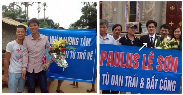  Hình ảnh anh Gioan Nguyễn Văn Oai (trái) và anh Paulus Lê Văn Sơn ngày được trả tự do, 3 tháng 8, 2015