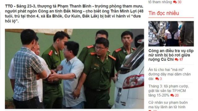 Báo trong nước đưa tin ông Trần Minh Lợi bị bắt 'vì hành vi đưa hối lộ'. Ảnh chụp màn hình báo TT của BBC.
