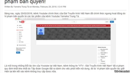 Thông báo của trang Yamaha Trung Tá đăng tải về vụ VTV bị khóa kênh YouTube. Ảnh chụp màn hình.