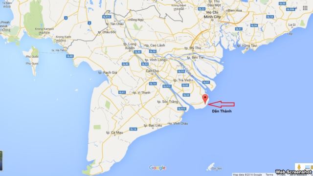 Vị trí xã Dân Thành, nơi đặt Trung tâm Nhiệt điện Duyên Hải, trên bản đồ. Ảnh chụp màn hình. Web screenshot