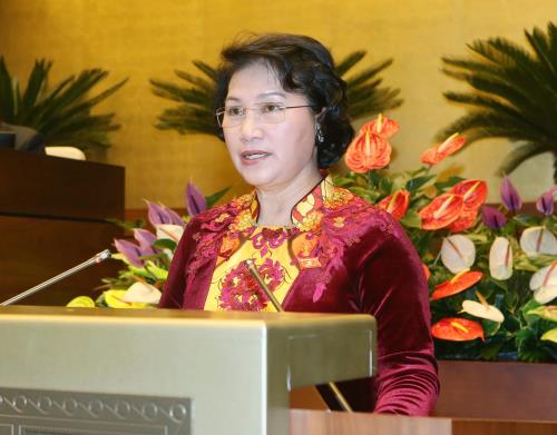 Tân Chủ tịch Quốc hội Nguyễn Thị Kim Ngân phát biểu nhậm chức. Ảnh: Nhan Sáng-TTXVN