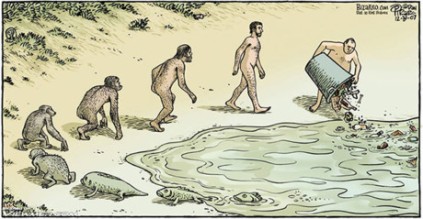 Sau khi tiến hóa từ loài thủy sinh, con người lại gây ô nhiễm, ngược đãi chính môi trường sống của mình. Ảnh: Internet